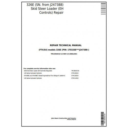 John Deere 326E Skid Steer Loader Service Repair Technical Manual Pdf TM13044X19