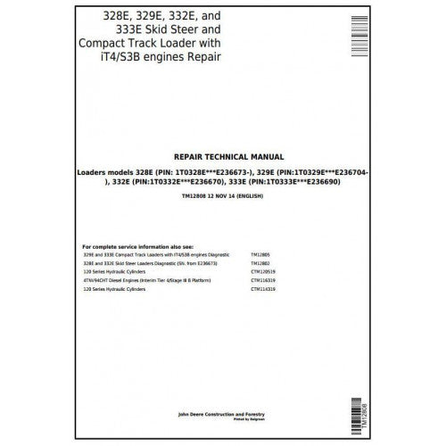 John Deere 328E, 329E, 332E, 333E Skid Steer And Compact Track Loaders Service Repair Technical Manual Pdf TM12808 2