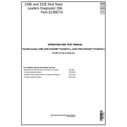 John Deere 328E, 332E Skid Steer Loader Diagnostic, Operation and Tests Service Manual Pdf - TM12802