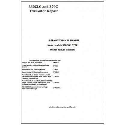 John Deere 330CLC And 370C Excavator Service Repair Technical Manual Pdf TM1927 2