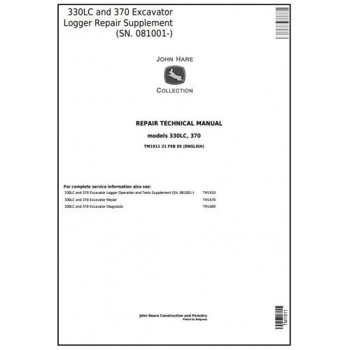 John Deere 330LC And 370 Excavator Logger Service Repair Technical Manual Pdf TM1911