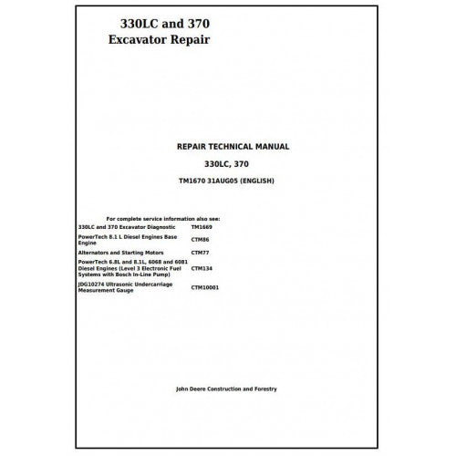 John Deere 330LC and 370 Excavator Pdf Repair Service Technical Manual TM1670