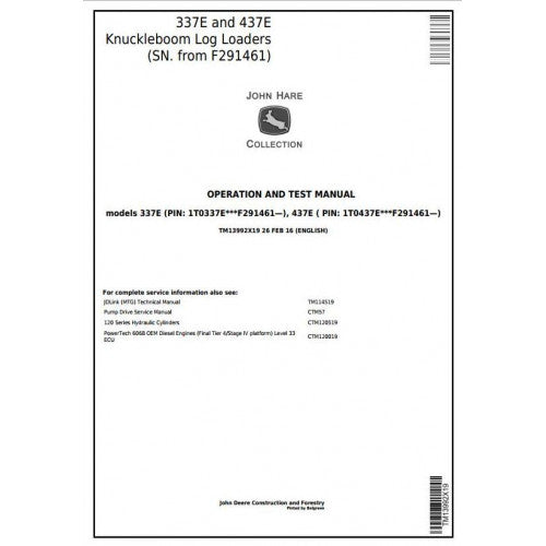 John Deere 337E, 437E Knuckleboom Log Loader Diagnostic, Operation and Tests Service Manual Pdf - TM13992X19