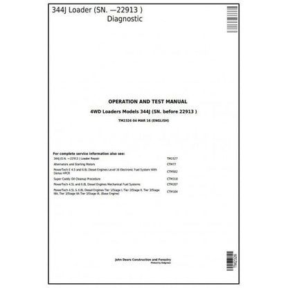 John Deere 344J 4WD Loader Diagnostic, Operation and Tests Service Manual Pdf - TM2326