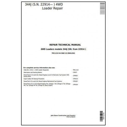 John Deere 344J 4WD Loader Pdf Repair Service Technical Manual TM11219