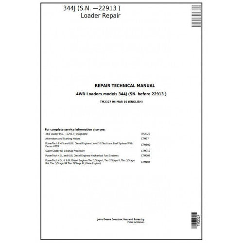 John Deere 344J 4WD Loader Pdf Repair Service Technical Manual TM2327