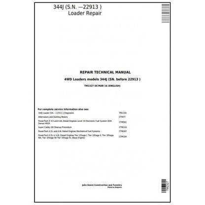 John Deere 344J 4WD Loader Service Repair Technical Manual Pdf TM2327 2