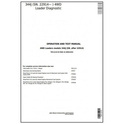 John Deere 344J Loader Diagnostic, Operation and Tests Service Manual Pdf - TM11218