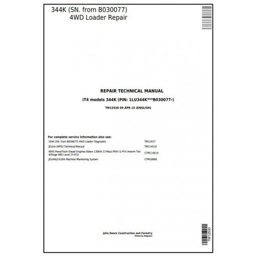 John Deere 344K 4WD Loader Service Repair Technical Manual Pdf TM12930 2