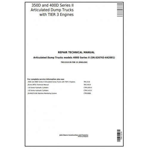 John Deere 350D, 400D Articulated Dump Truck Pdf Repair Service Technical Manual TM11519