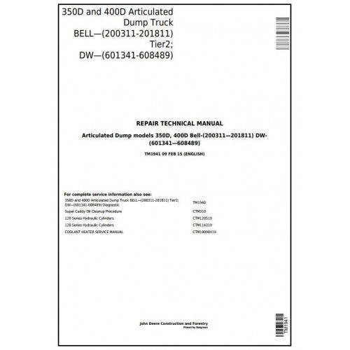 John Deere 350D and 400D Articulated Dump Truck Pdf Repair Service Technical Manual TM1941