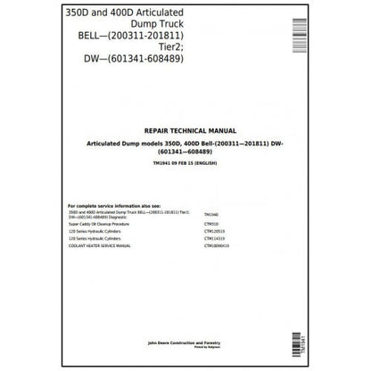 John Deere 350D And 400D Articulated Dump Truck Service Repair Technical Manual Pdf TM1941 2