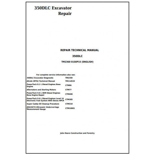 John Deere 350DLC Excavator Pdf Repair Service Technical Manual TM2360