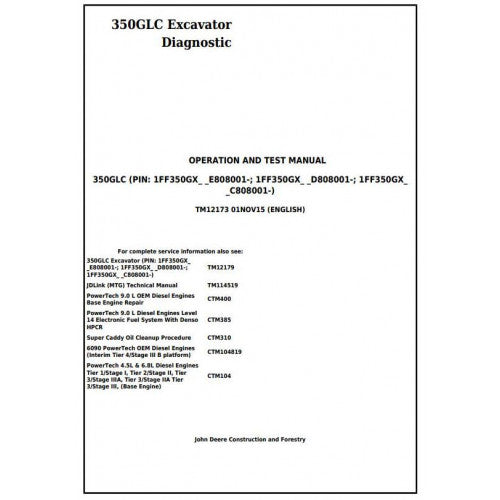 John Deere 350GLC Excavator Diagnostic, Operation and Tests Manual Pdf - TM12173