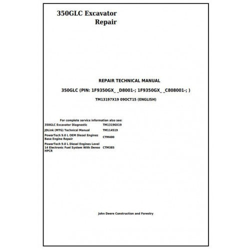 John Deere 350GLC Excavator Service Repair Technical Manual Pdf - TM13197X19 2