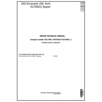 John Deere 35G Compact Excavator Service Repair Technical Manual - TM12894 2