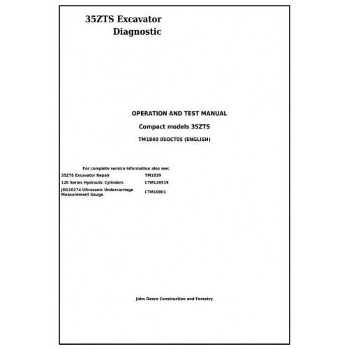 John Deere 35ZTS Compact Excavator Diagnostic, Operation and Tests Service Manual Pdf - TM1840