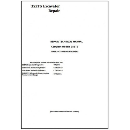 John Deere 35ZTS Compact Excavator Pdf Repair Service Technical Manual TM1839