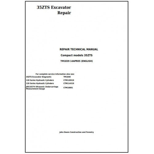 John Deere 35ZTS Compact Excavator Service Repair Technical Manual Pdf TM1839