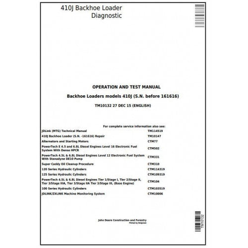 John Deere 410J Backhoe Loader Diagnostic, Operation and Tests Service Manual Pdf - TM10132