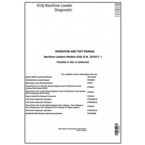 John Deere 410J Backhoe Loader Diagnostic, Operation and Tests Service Manual Pdf - TM10850