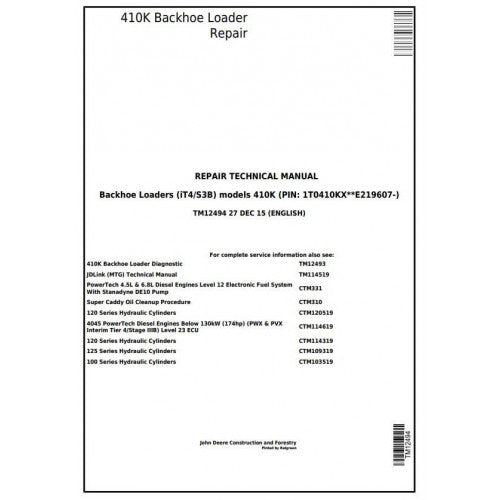 John Deere 410K Backhoe Loader (IT4/S3B) Pdf Repair Service Technical Manual TM12494