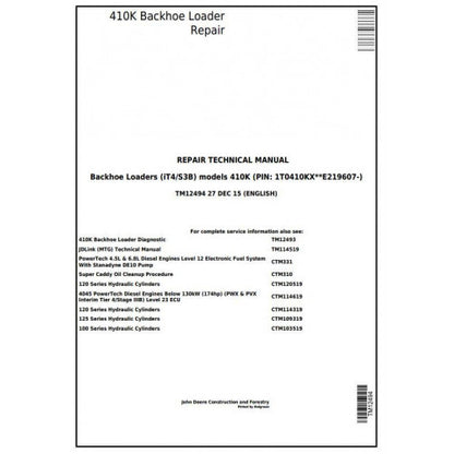 John Deere 410K Backhoe Loader (IT4/S3B) Pdf Repair Service Technical Manual TM12494