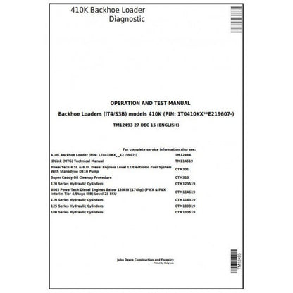 John Deere 410K (IT4/S3B) Backhoe Loader Diagnostic, Operation and Tests Service Manual Pdf - TM12493