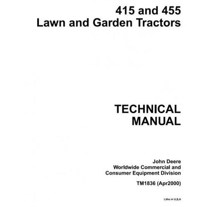 John Deere 415, 455 Lawn and Garden Tractors Pdf Repair Service Technical Manual TM1836