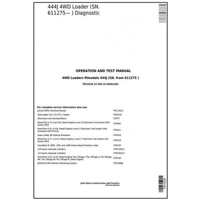 John Deere 444J 4WD Loader Diagnostic, Operation and Tests Service Manual Pdf - TM10228