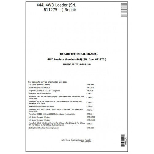 John Deere 444J 4WD Loader Pdf Repair Service Technical Manual TM10243