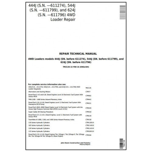 John Deere 444J, 544J, 624J 4WD Loader Pdf Repair Service Technical Manual TM2136