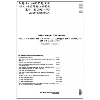 John Deere 444J, 544J, 624J Loader Diagnostic, Operation and Tests Service Manual Pdf - TM2135