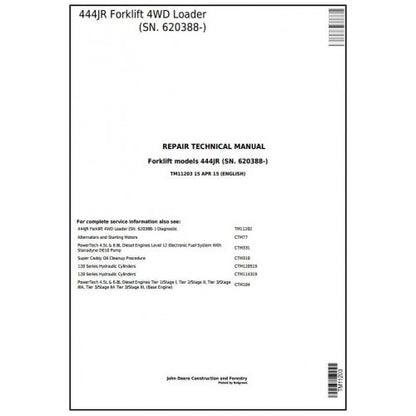 John Deere 444JR Forklift 4WD Loader Pdf Repair Service Technical Manual TM11203