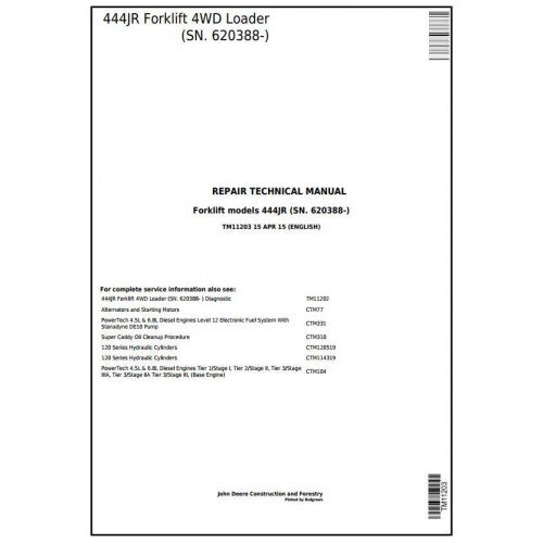 John Deere 444JR Forklift 4WD Loader Service Repair Technical Manual Pdf TM11203