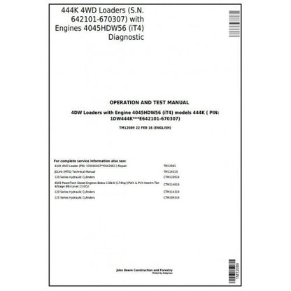 John Deere 444K 4WD Loader Diagnostic, Operation and Tests Service Manual Pdf - TM12089