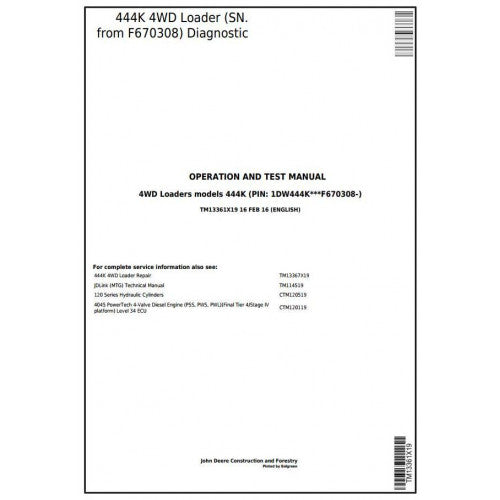 John Deere 444K 4WD Loader Diagnostic, Operation and Tests Service Manual Pdf - TM13361X19