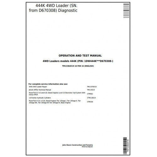 John Deere 444K 4WD Loader Diagnostic, Operation and Tests Service Manual Pdf - TM13364X19