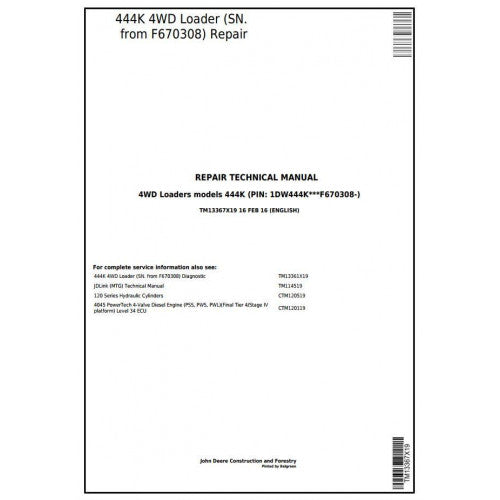 John Deere 444K 4WD Loader Pdf Repair Service Technical Manual TM13367X19