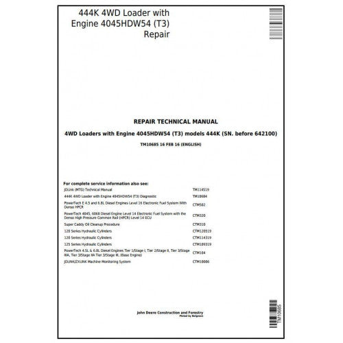 John Deere 444K 4WD Loader Service Repair Technical Manual Pdf TM10685 2