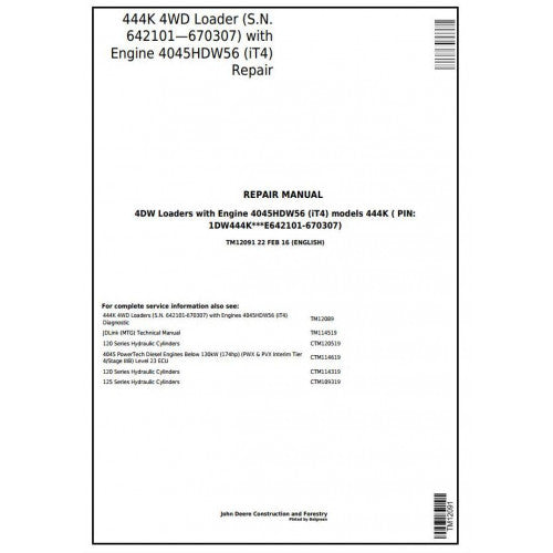 John Deere 444K 4WD Loader Service Repair Technical Manual Pdf TM12091 2