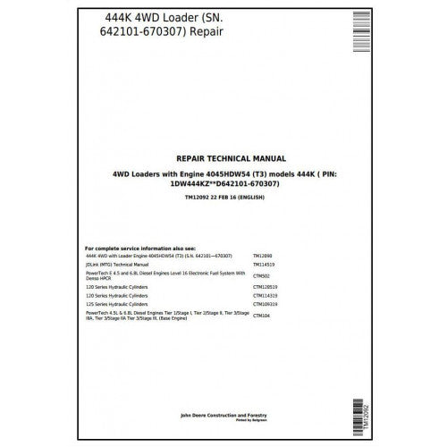 John Deere 444K 4WD Loader Service Repair Technical Manual Pdf TM12092 2