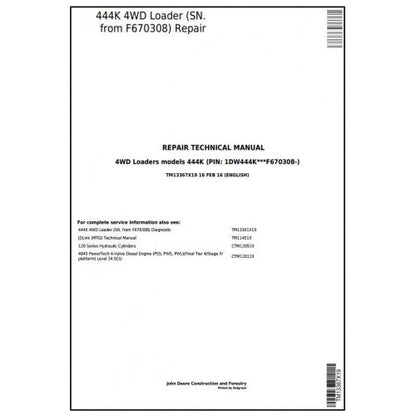 John Deere 444K 4WD Loader Service Repair Technical Manual Pdf TM13367X19 2