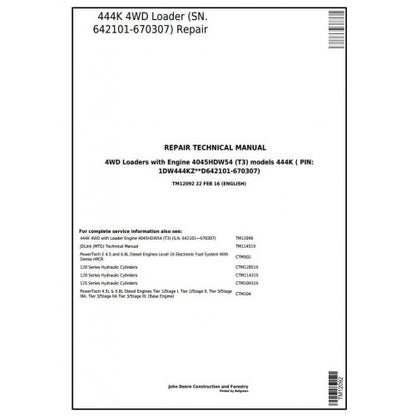 John Deere 444K 4WD Loader (T3) Pdf Repair Service Technical Manual TM12092