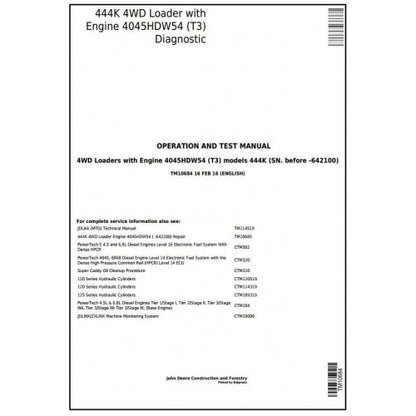 John Deere 444K (T3) 4WD Loader Diagnostic, Operation and Tests Service Manual Pdf - TM10684