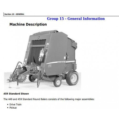 John Deere 449, 459 Standard Hay and Forage Round Balers All Inclusive Service Repair Technical Manual Pdf TM121019 2