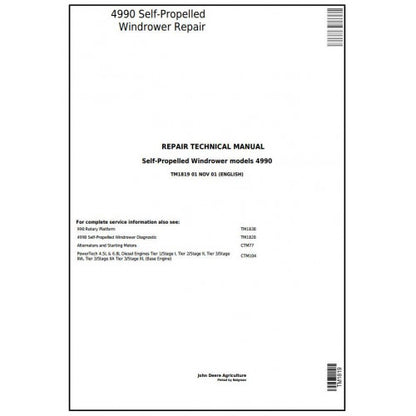 John Deere 44990 Self-Propelled Hay and Forage Windrower Service Repair Technical Manual Pdf - TM1819