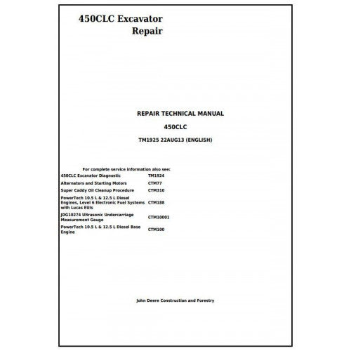 John Deere 450CLC Excavator Pdf Repair Service Technical Manual TM1925