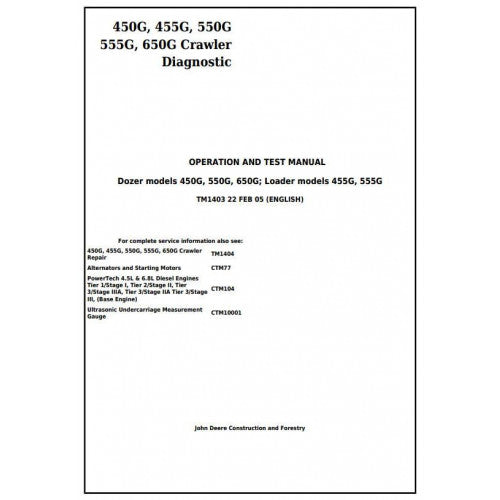 John Deere 450G, 455G, 550G, 555G, 650G Crawler Dozer/Loader Diagnostic, Operation and Tests Service Manual Pdf - TM1403