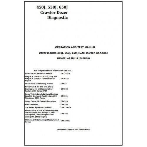 John Deere 450J, 550J, 650J Crawler Dozer Diagnostic, Operation and Tests Service Manual Pdf - TM10721